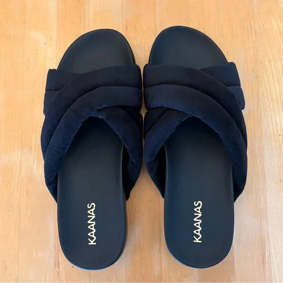 Kaanas Sintra NEW Black Fuzzy Slide Wedge Sandals Plush NEW luxe high quality - Picture 10 of 15